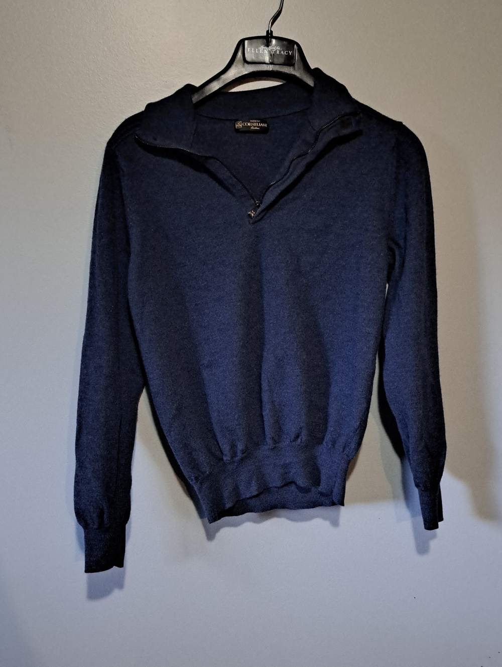Corneliani Men's Dark Navy Quarter-Zip Sweater, Brown Elbow Patches 100% Wool